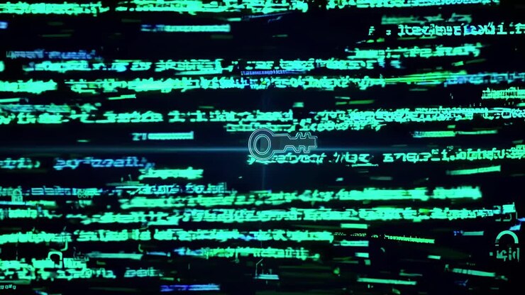 Dynamisches Videostill von digitalem Code mit einem Schlüsselsymbol, aus einer niedrigen Perspektive aufgenommen