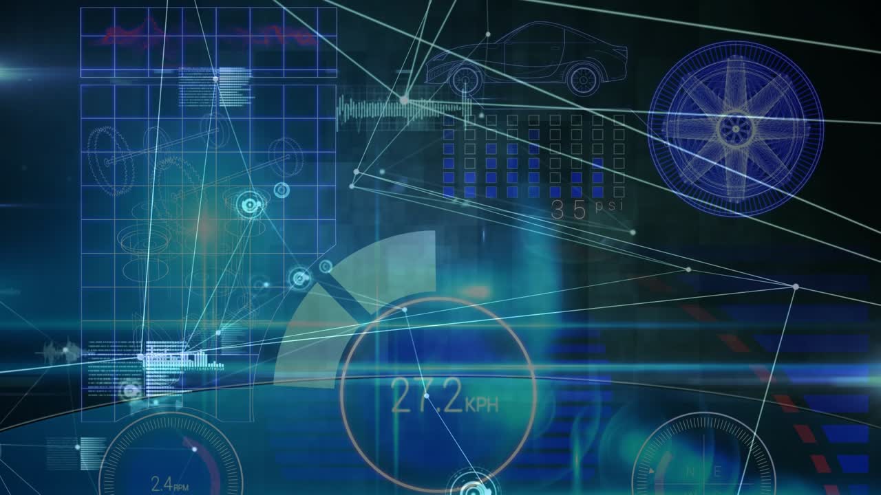 Animation of network of connections over data processing on black background