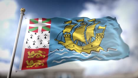 saint pierre and miquelon flag waving slow motion 3d rendering blue sky background - seamless loop 4k