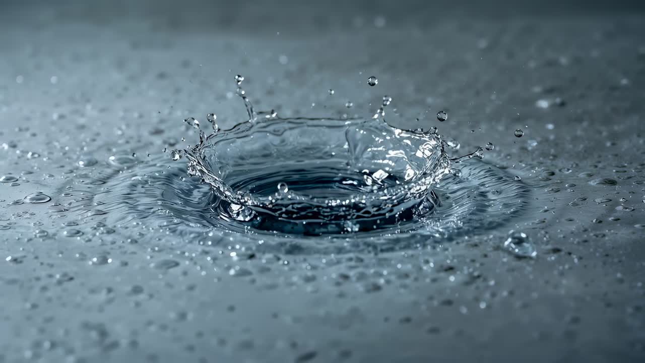 Einen einzelnen, eindrucksvollen Tropfen einfangen, der eine kronenförmige Fontäne in einem flachen Becken bildet, kühle blaue Beleuchtung