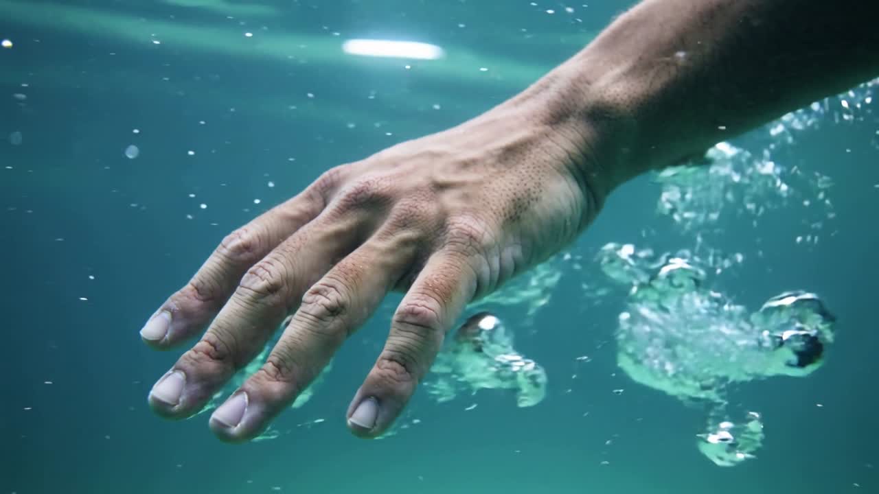 Male forearm moving underwater, pushing bubbles forming, streaming toward surface for motion study