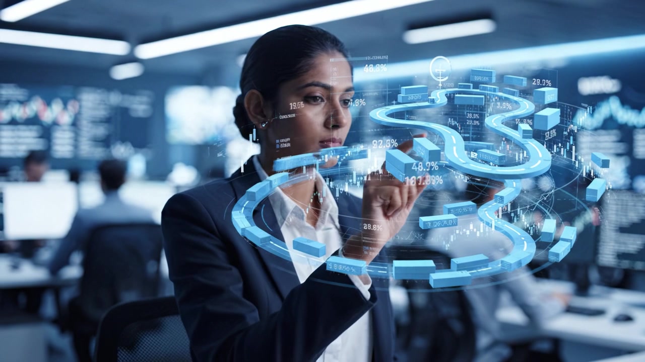 Professional Businesswoman Analyzes Data Trends through Interactive Technology in a Modern Financial Workspace with Advanced Visualization Tools and Graph Analytics