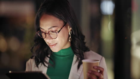 Woman,-tablet-and-blow-coffee-at-night