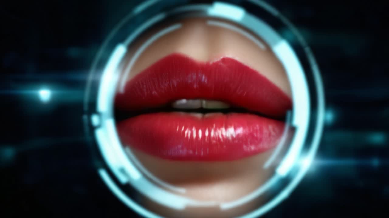 Un primo piano di labbra rosse lucide incorniciate da una sovrapposizione circolare futuristica con sottili effetti di luce che evidenziano la sensualità e la texture del soggetto