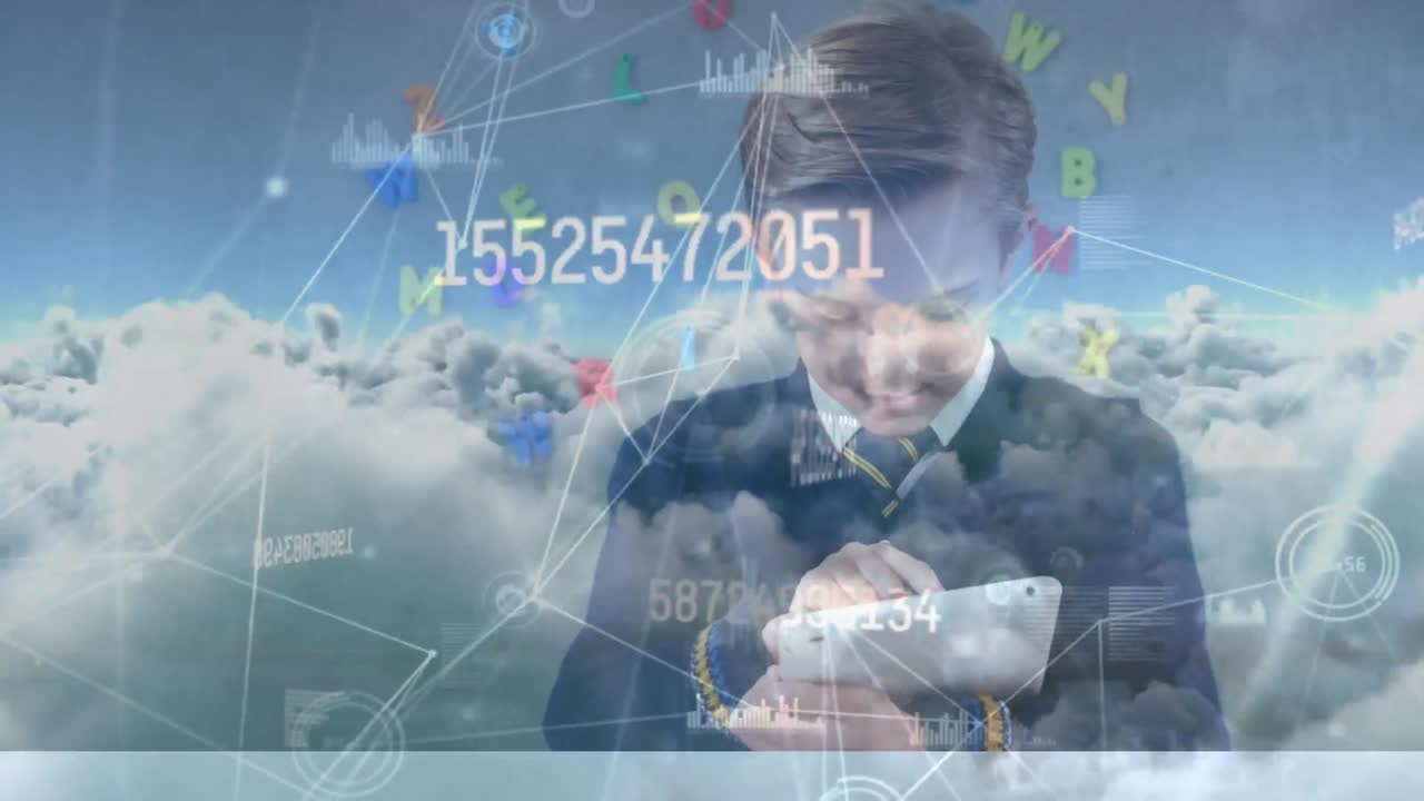 태블릿을 사용하는 학교생과 연결되는 숫자 변경 및 네트워크의 애니메이션