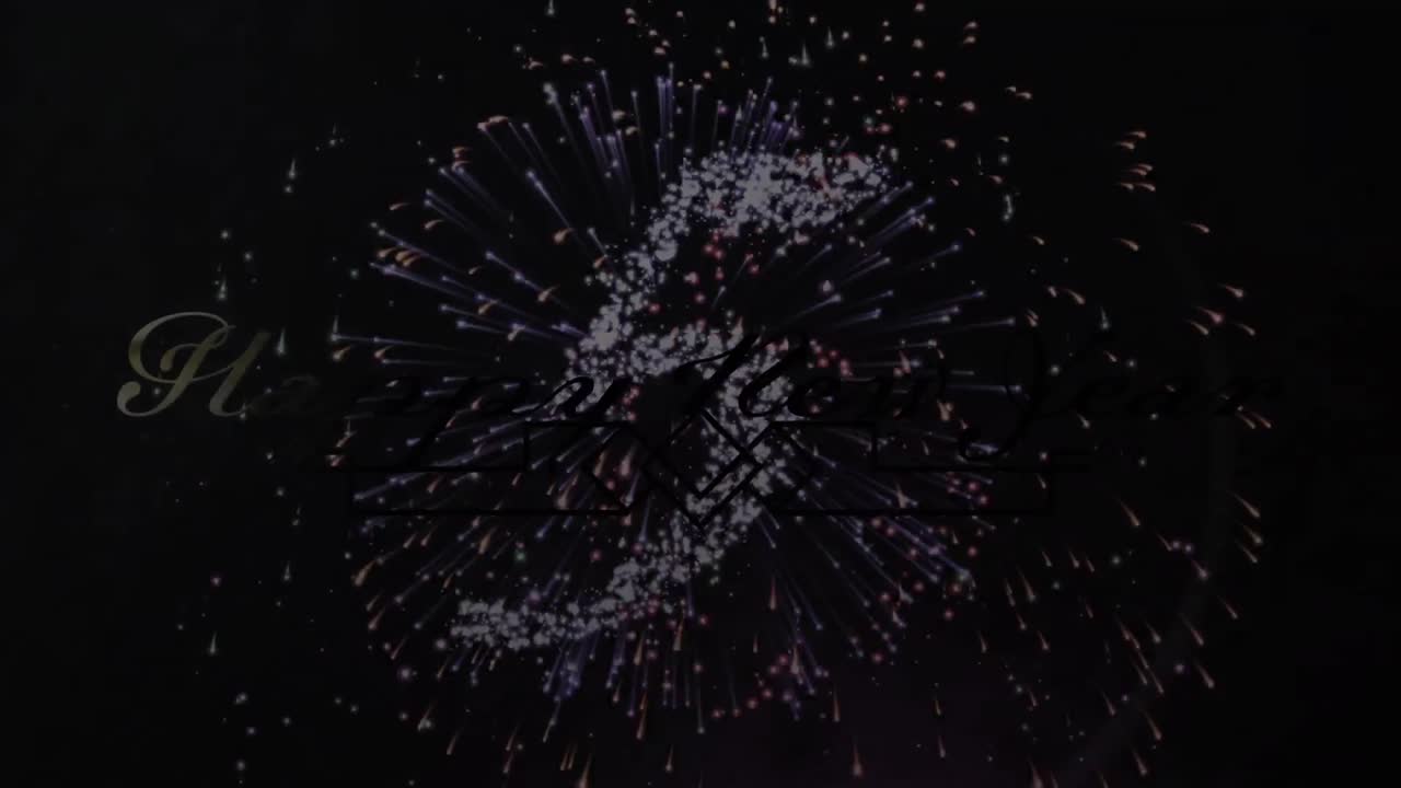 Animation of happy new year greetings over countdown and fireworks exploding