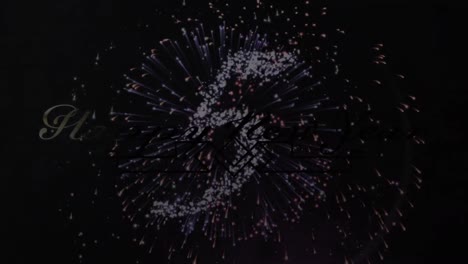 animación de felicitaciones de feliz año nuevo sobre la cuenta atrás y fuegos artificiales explotando