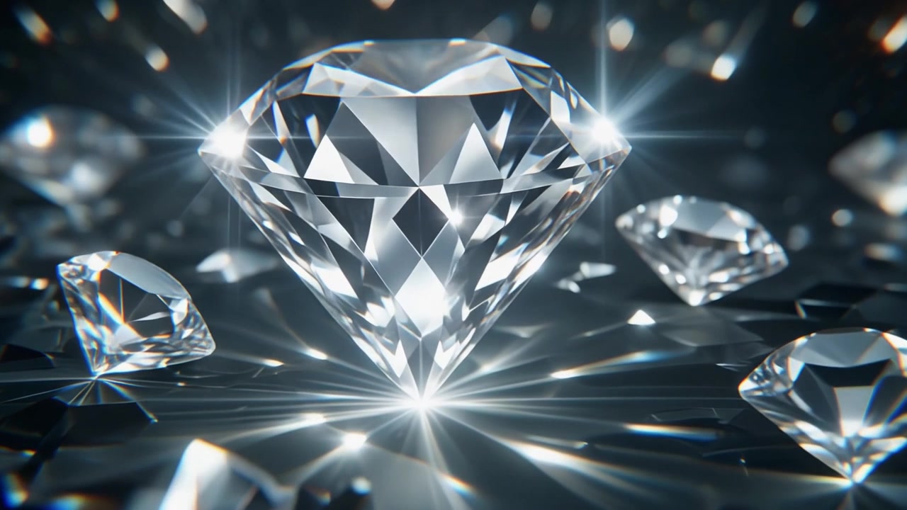 Stor briljantslipt diamant glitrende på reflekterende overflate