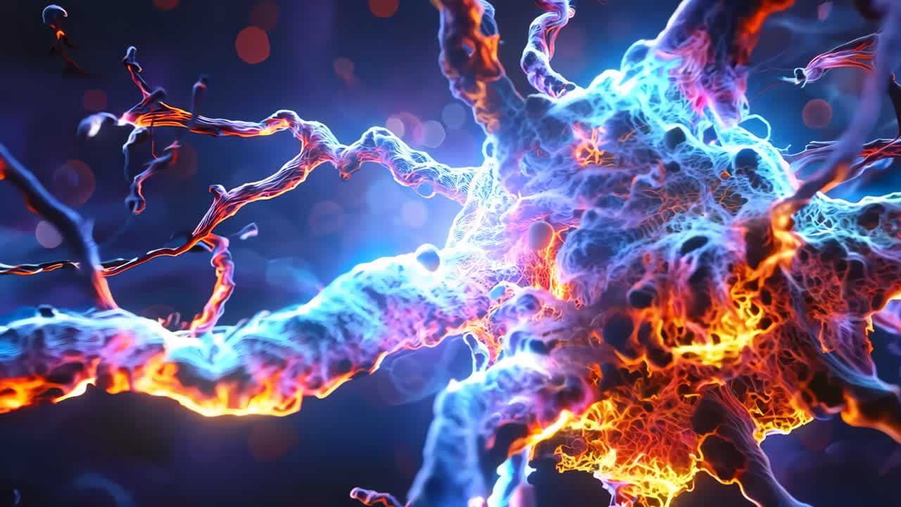 A neuron is shown in a blue and purple color. The neuron is shown in a very detailed manner, with many small details. The neuron is shown in a very abstract manner, with many different colors