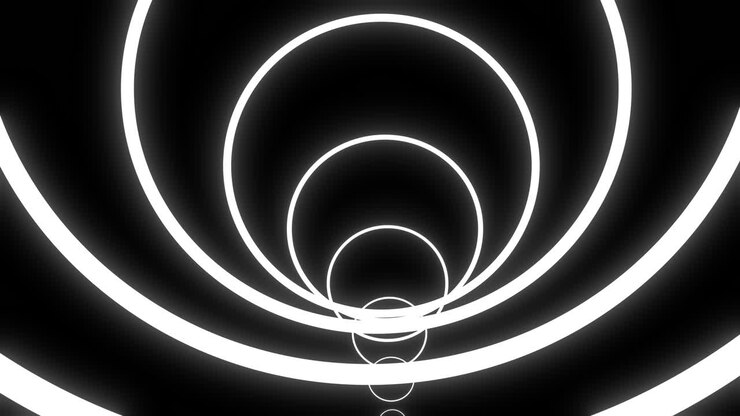 Túnel animado e brilhante, abstrato e alinhado com círculo branco infinito e fundo preto. Motion graphics animados
