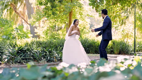 wedding, funny and married couple playing