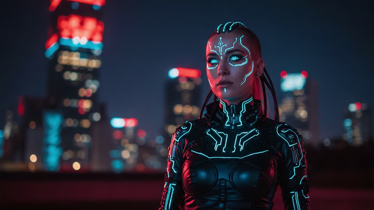 Futuristic Cybernetic Female Character Illuminated in Neon City Lights, Capturing the Essence of a Dystopian Sci-Fi Aesthetic in a Vibrant Urban Landscape