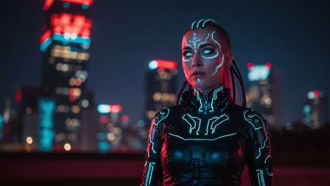 futuristic cybernetic female character illuminated in neon city lights, capturing the essence of a dystopian sci-fi aesthetic in a vibrant urban landscape