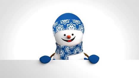 hombre de nieve gracioso con sombrero azul saludando con la mano y sonriendo sobre fondo blanco. hermosa animación de dibujos animados en 3d pantalla verde alfa mate. tarjeta de felicitación animada. últimos fotogramas en bucle.
