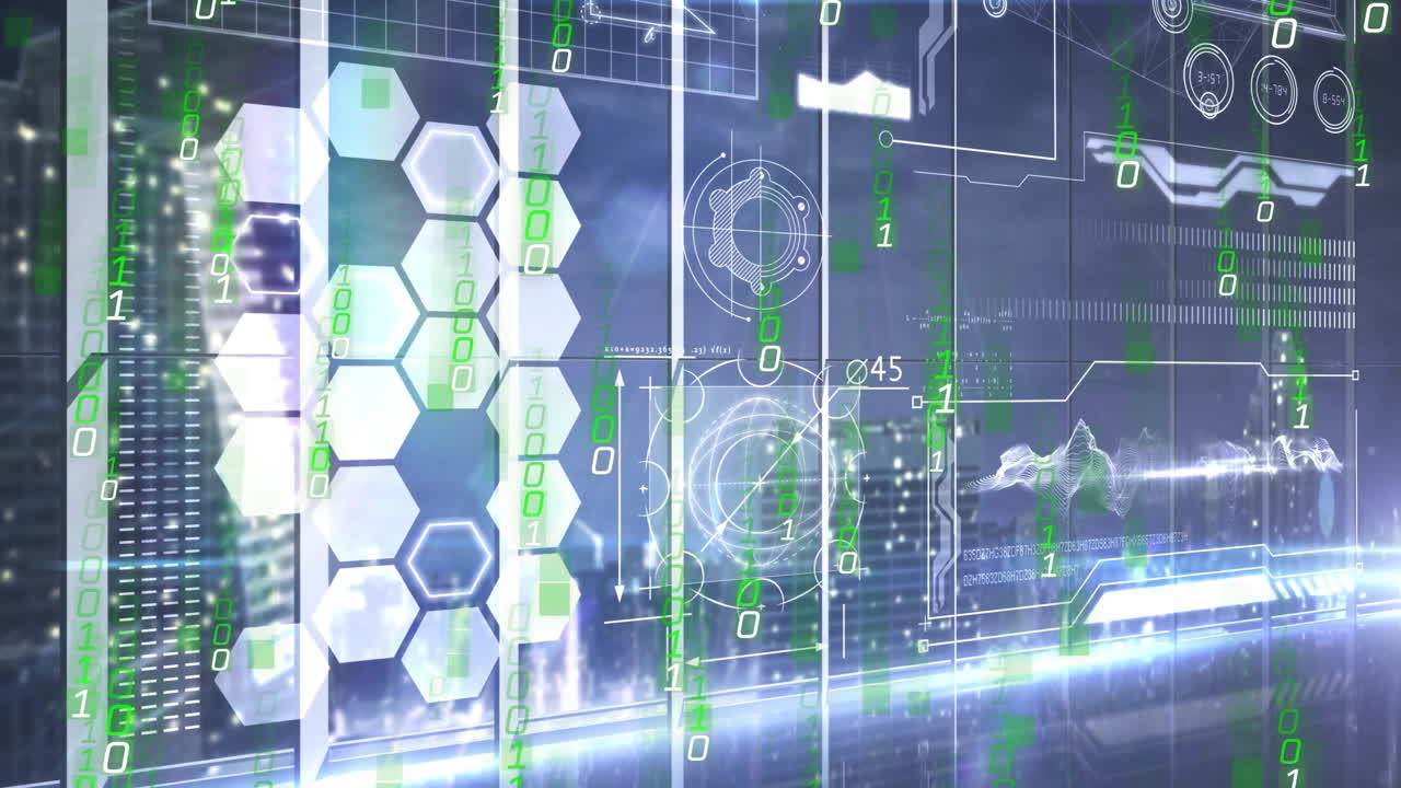 Animation of binary code and geometric patterns over futuristic cityscape