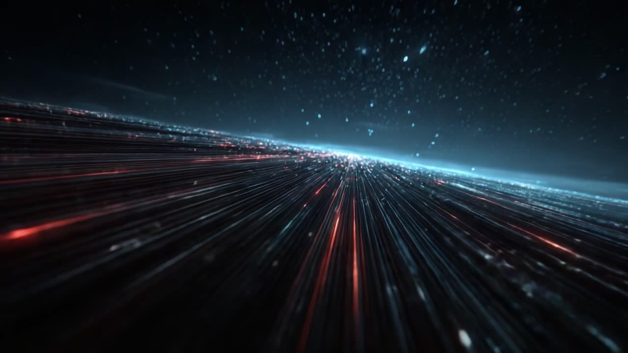 Viaggio visivo dinamico attraverso uno spazio etereo di energia e luce, catturando l'essenza delle particelle in movimento in un universo digitale con colori sorprendenti.