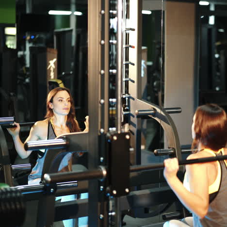 Exercise for fitness in the gym. Young athletic woman performs strength exercises for the legs. Simulator Smith Square video