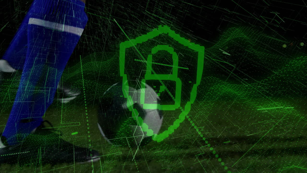 Male soccer player kicking ball on grass field, with neon-green tech shield overlay moving