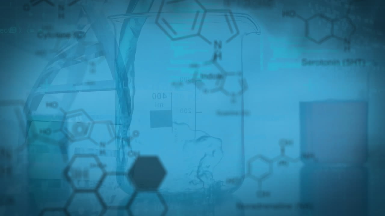 Animation of molecule structures over chemical falling in laboratory flask against blue background