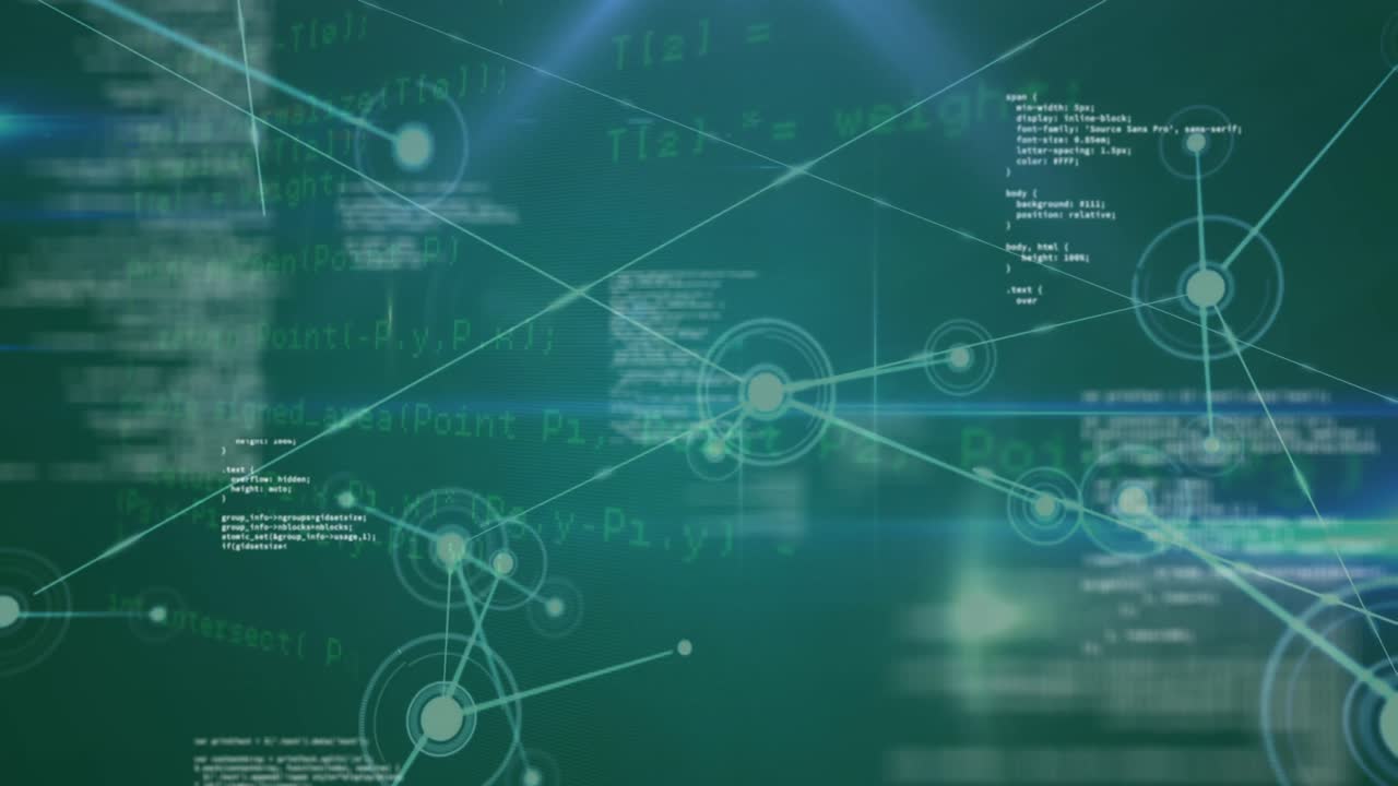 animación de la red de conexiones, procesamiento de datos y punto de luz azul sobre fondo verde.