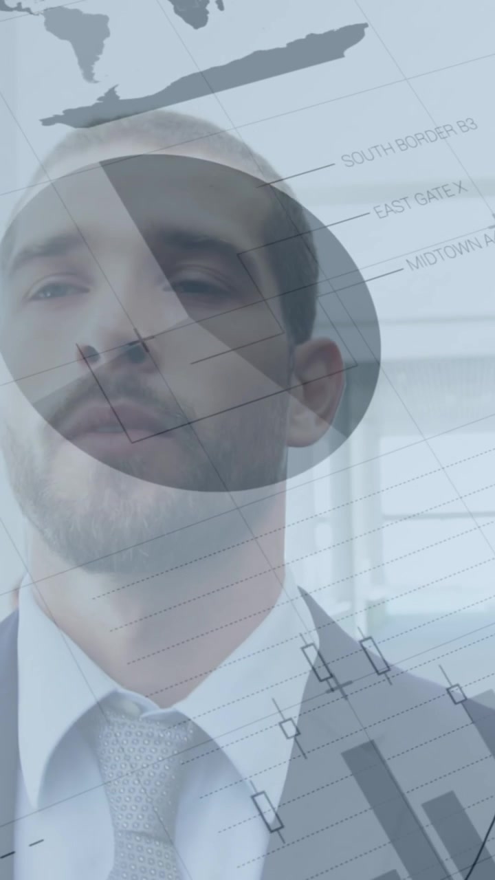 Animazione di dati finanziari e grafici su un uomo d'affari caucasico che cammina in ufficio.
