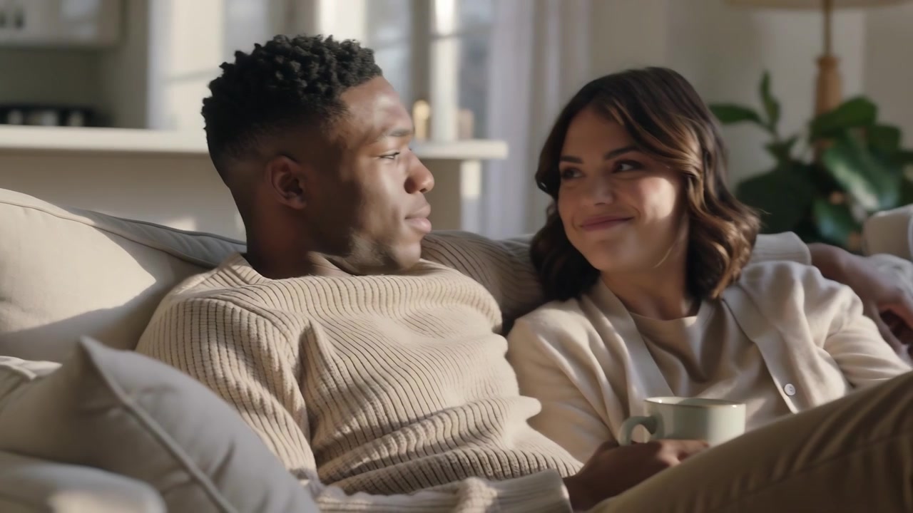 Shifting woman holding mug and man in tan-sweater exchanging warm smiles on sofa in living room