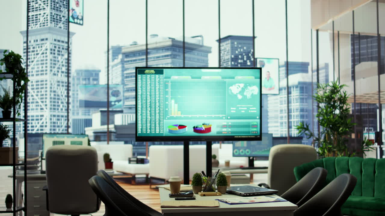 상세한 인포그래픽을 표시하는 컴퓨터가 있는 우아한 기업 사무실