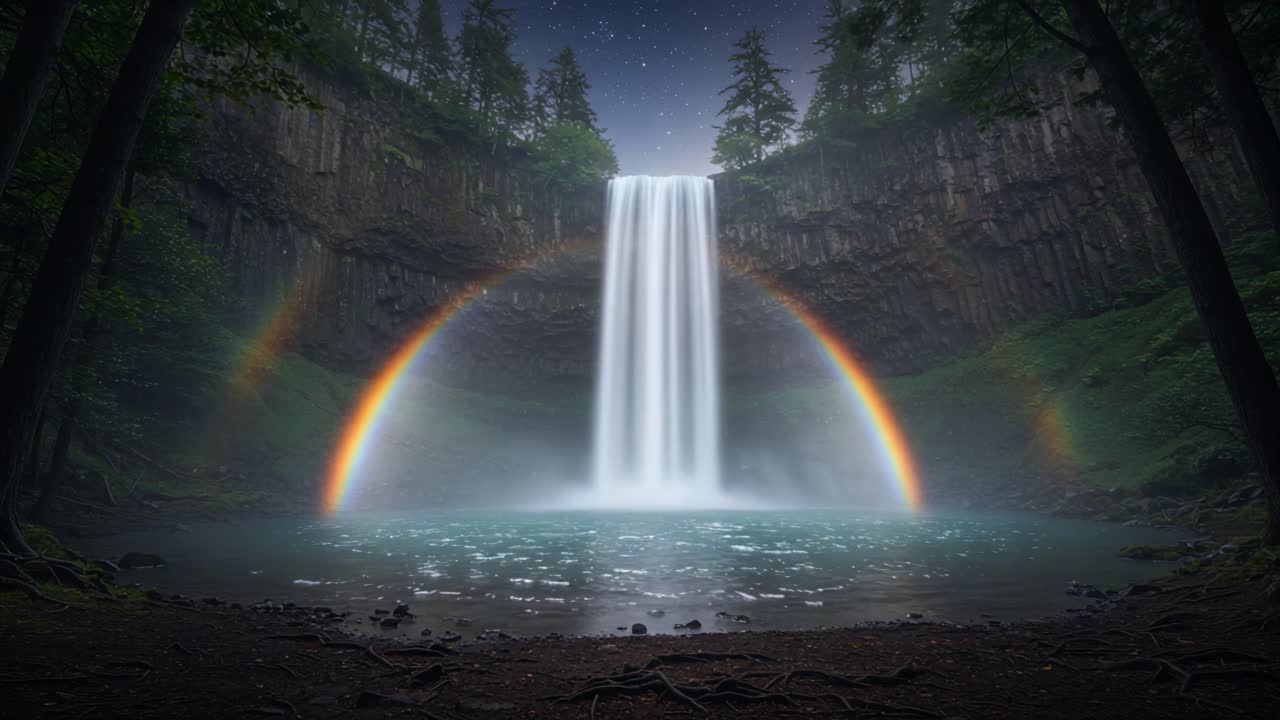 Majestic Waterfall Surrounded by Lush Forest and Captivating Rainbow, Offering a Tranquil Scene of Natural Beauty Under a Starry Sky