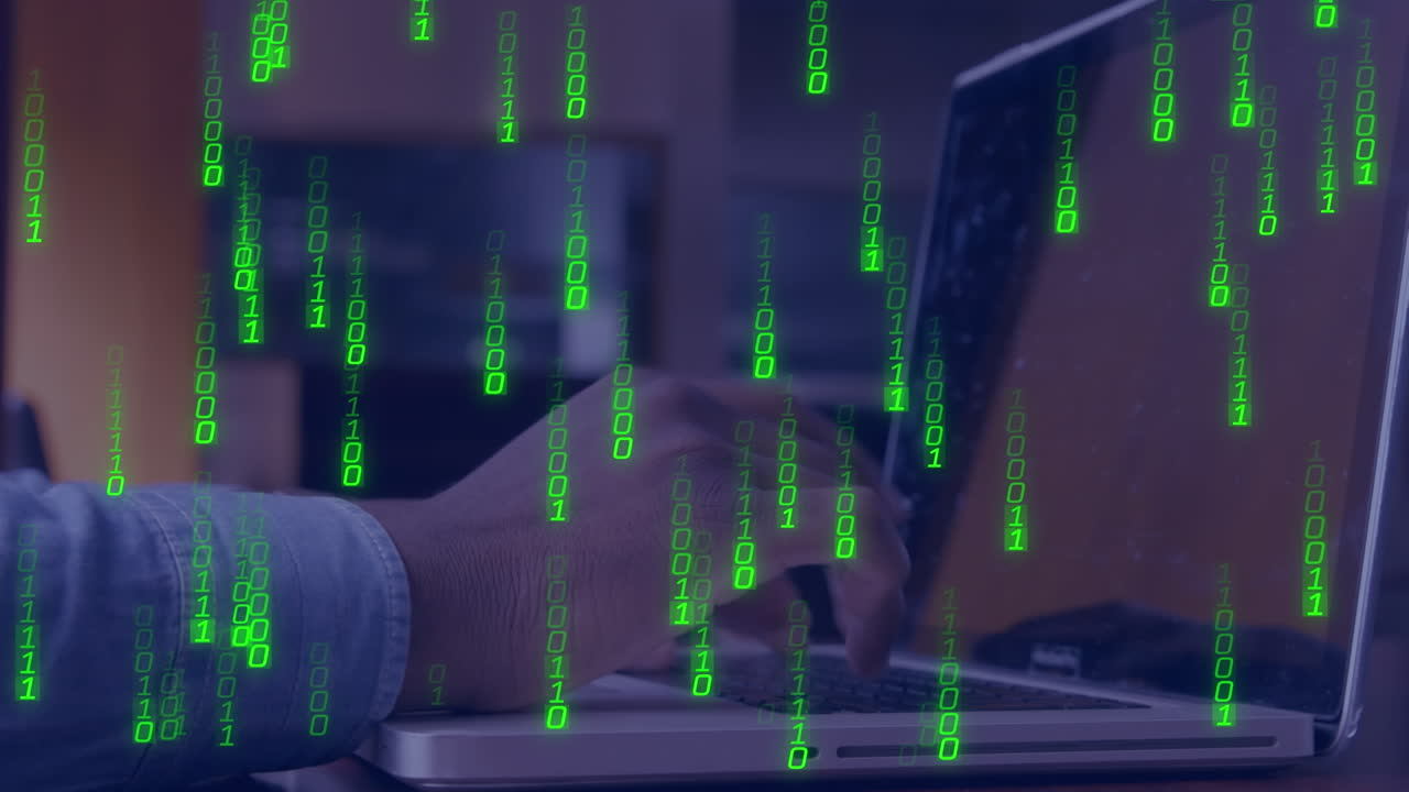 Animation of data processing over hands using laptop in server room
