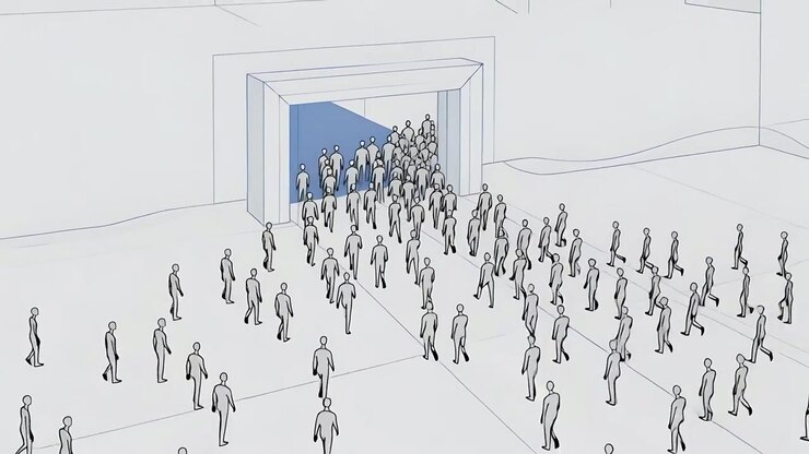 Emerging crowd of plain figures moving across plaza toward front from wide portal, with path lines