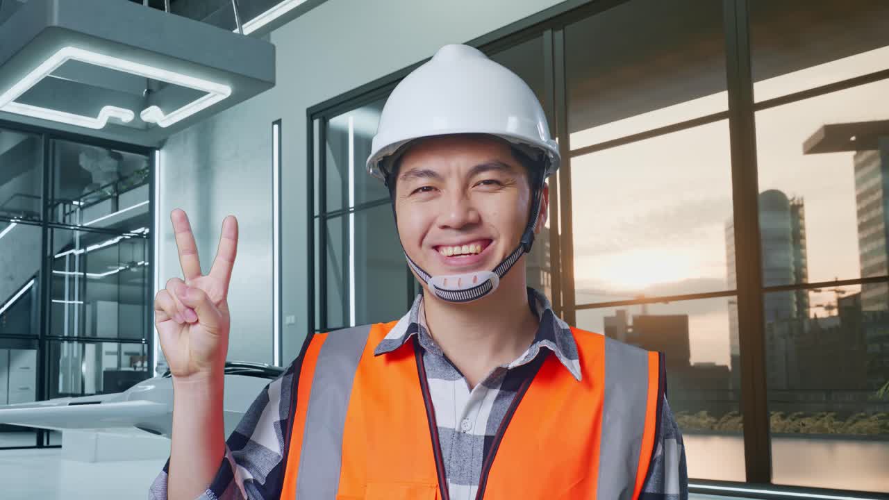안전 헬을 입은 아시아 남성 엔지니어가 미소 짓고 드론 프로젝트와 함께 서서 평화의 몸짓을 보여줍니다.