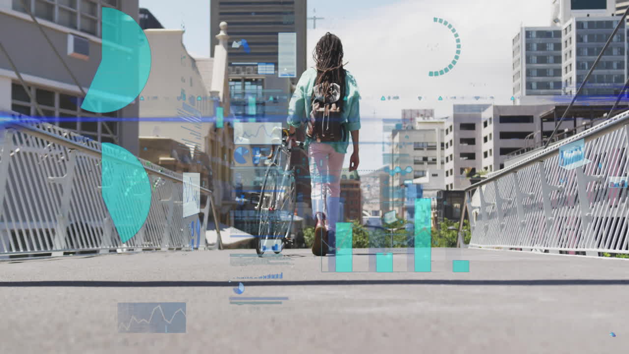 Woman walking with bicycle on city street, data processing animation overlay