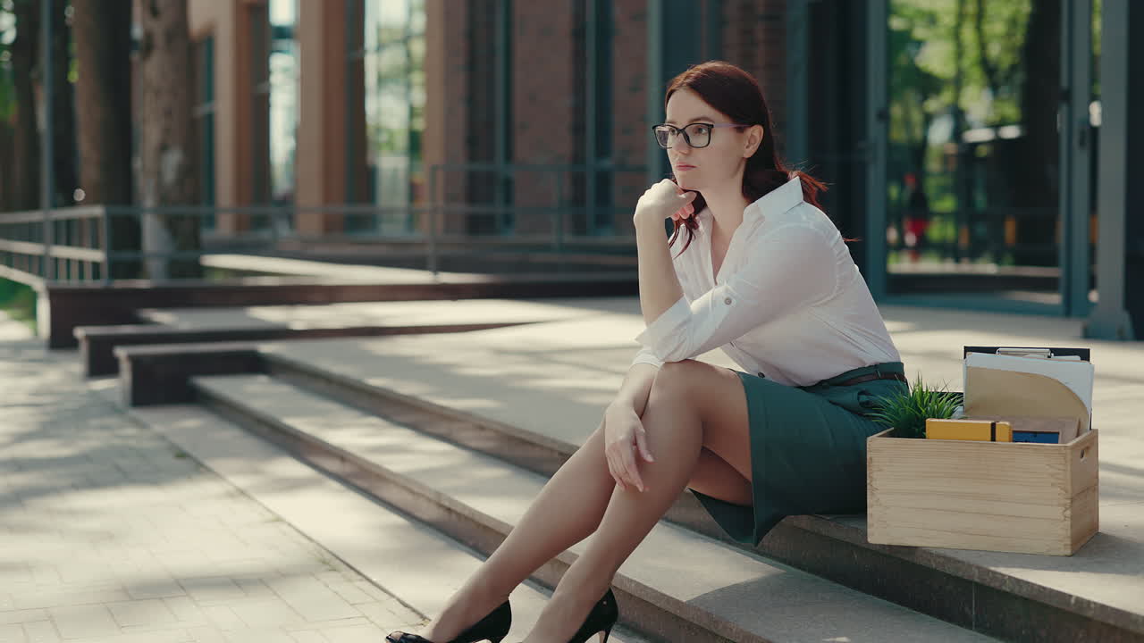 Woman Sitting on Stairs After Job Loss
