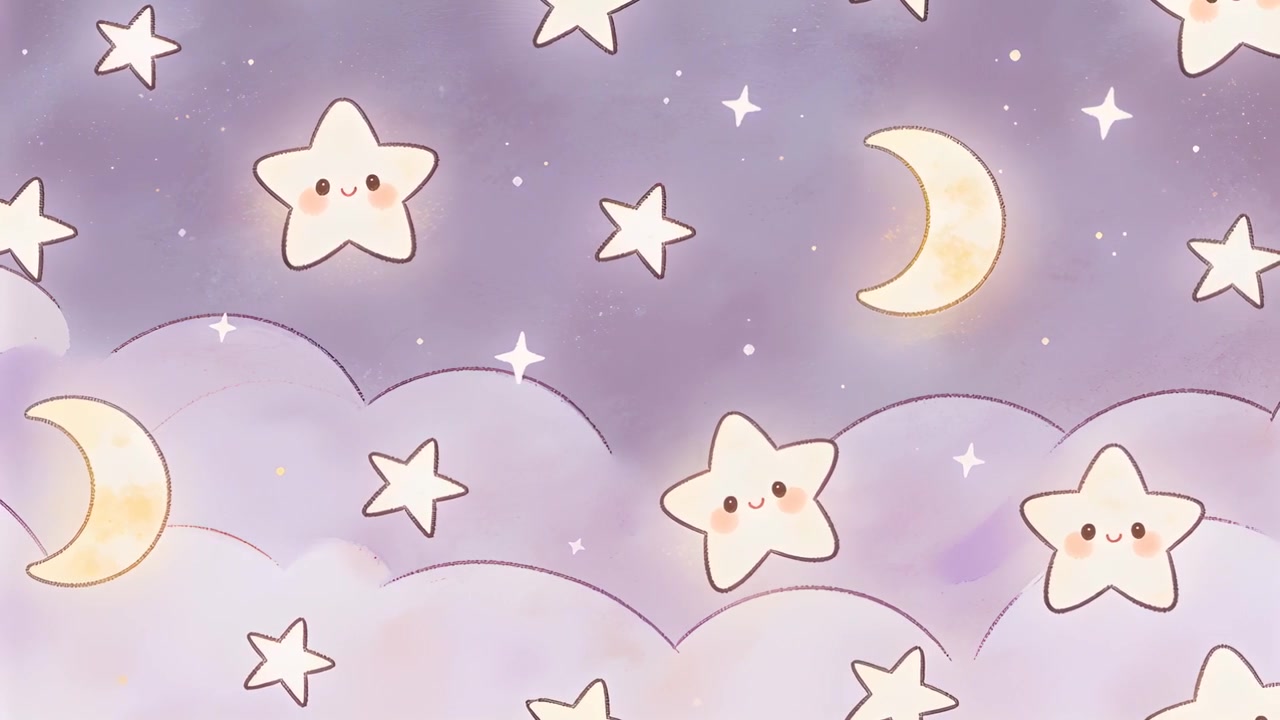 Looping stars and crescent moons drifting in purple sky with fluffy clouds, nursery backdrop