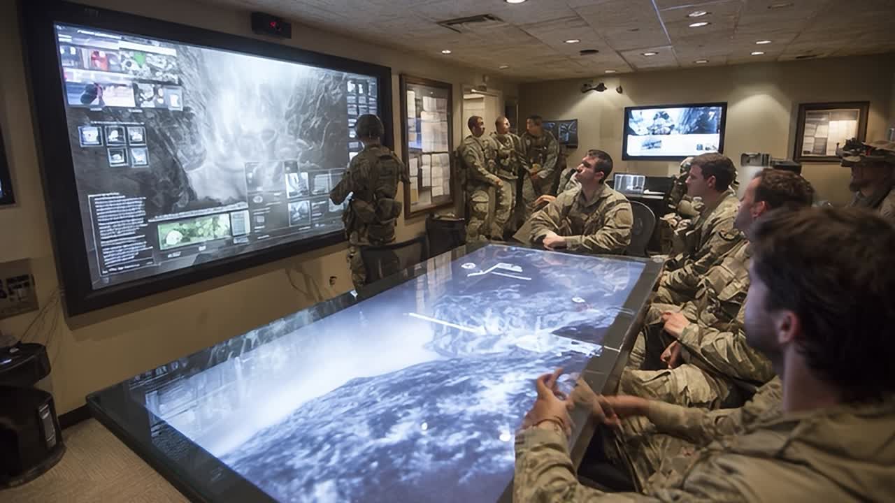 Military personnel collaborate in command center during strategic session