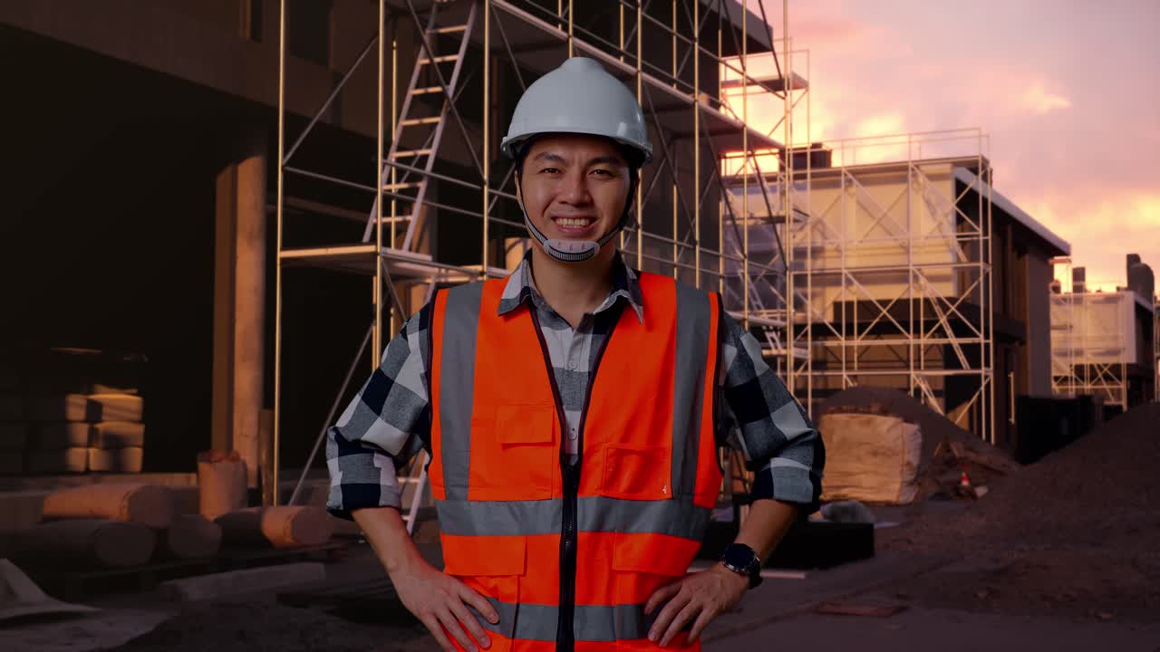 Smiling Asian Construction Worker in Hard Hat and Safety Vest at Sunset