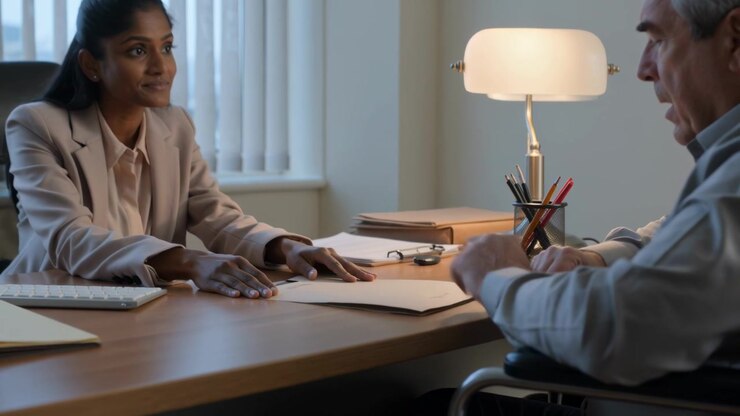 Presenting woman in blazer aligning papers at desk, senior man reaching considering manila folder