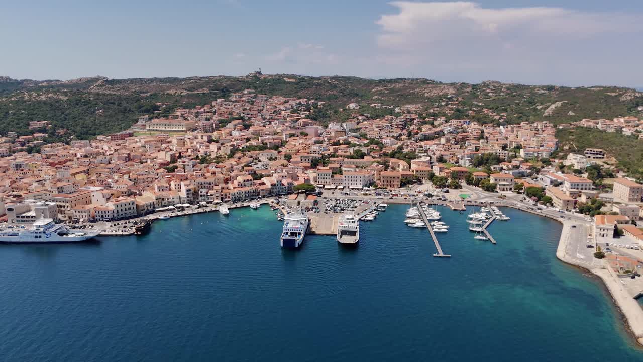 Aerial view of La Maddalena port in Sardinia under clear skies