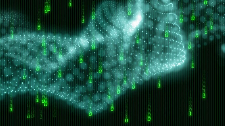 Forming abstract hand shape, digital binary code with glowing particles animation