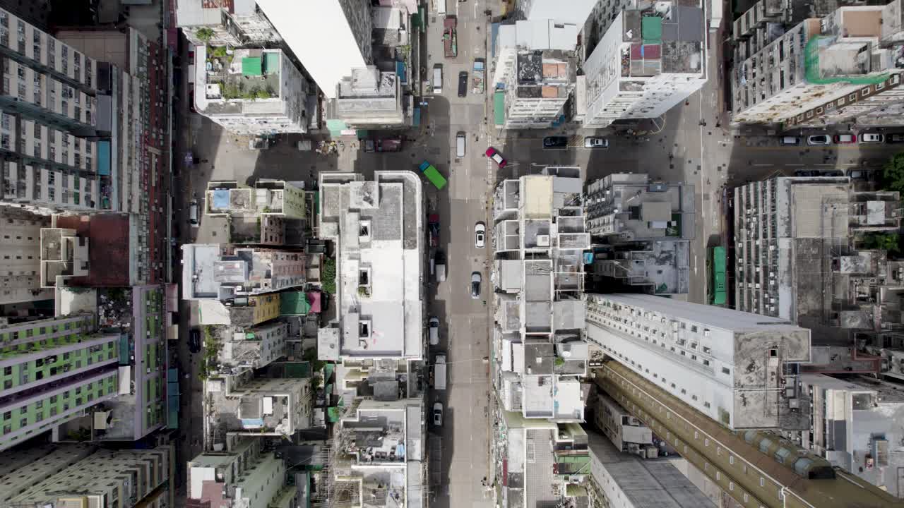 Kowloon district in Hong Kong, Aerial overhead view of city during a day with buildings and busy streets full of famous Hong Kong taxis