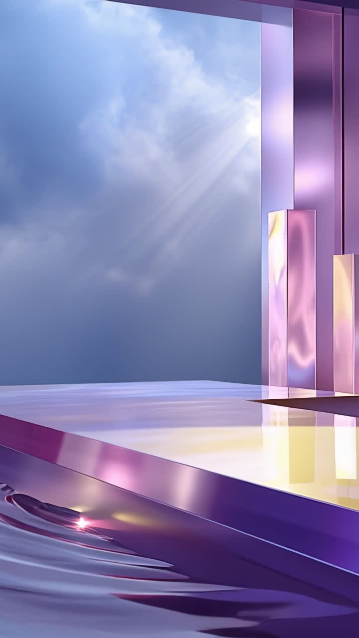 Uno spazio dimensionale violaceo sereno con superfici lucide che riflettono un cielo luminoso e nuvole, evocando un senso di tranquillità e un'atmosfera zen onirica