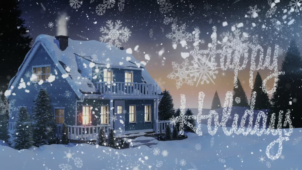 행복한 휴일과 눈송이가 겨울 풍경의 집 위에  ⁇ 는 별에 떨어지는