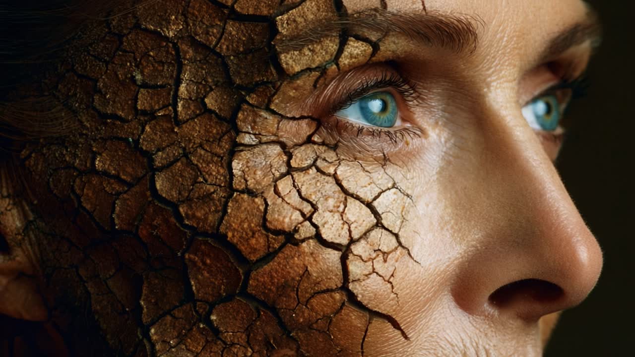 A striking portrayal of a face with cracked earth-like skin, highlighting the contrast of vulnerability and resilience through piercing blue eyes surrounded by textured imperfections