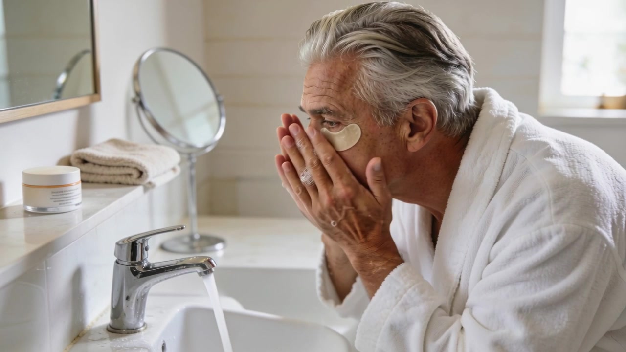 Holding foam, senior man applying, rinsing face at home sink wearing robe, eye patches for skincare