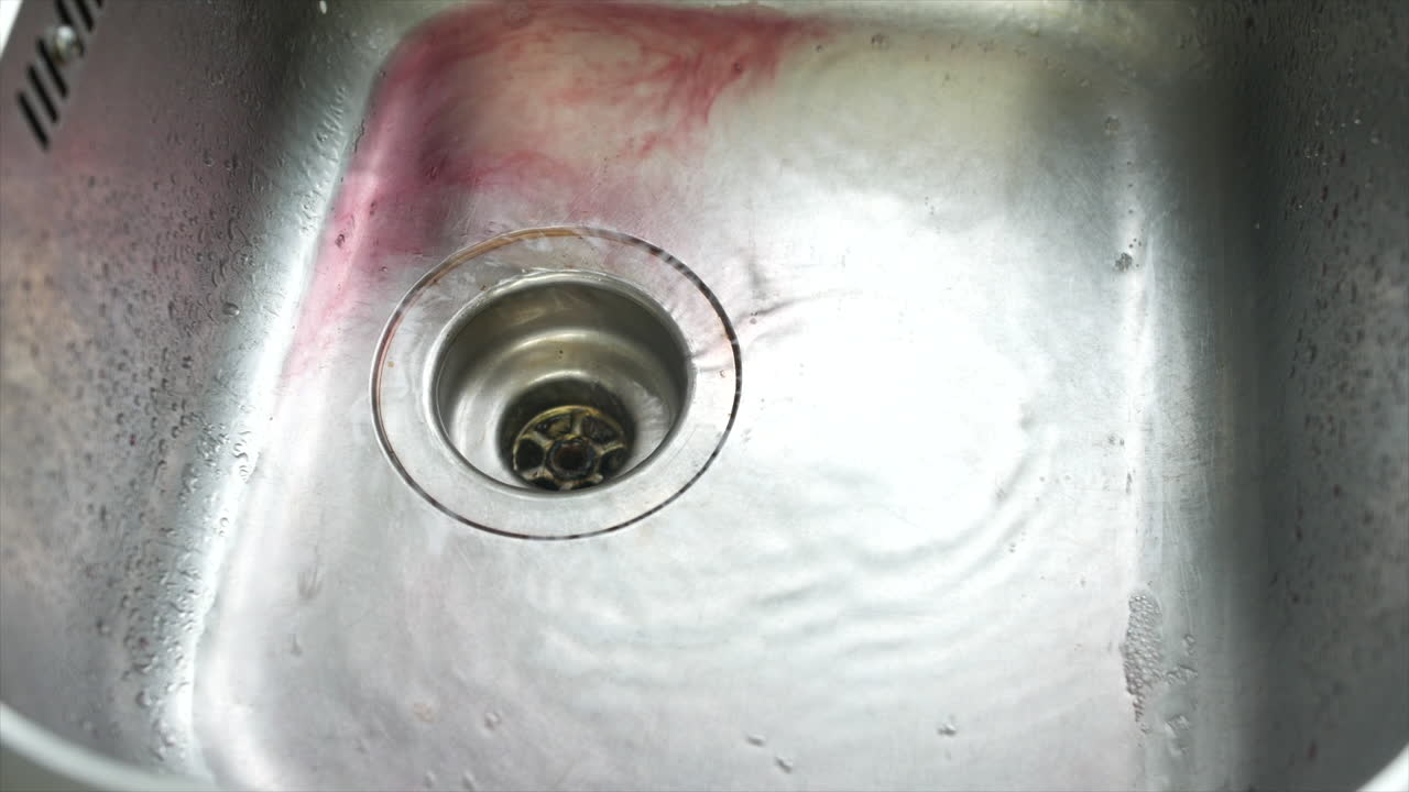 Washing away red wine or blood down the drain in a sink