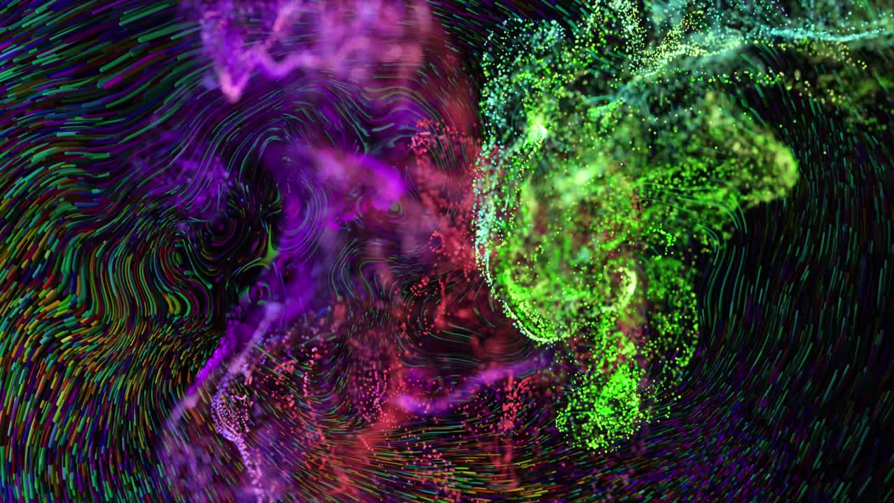ondas de energía rosadas y verdes que se mueven sobre un remolino multicolor sobre un fondo negro