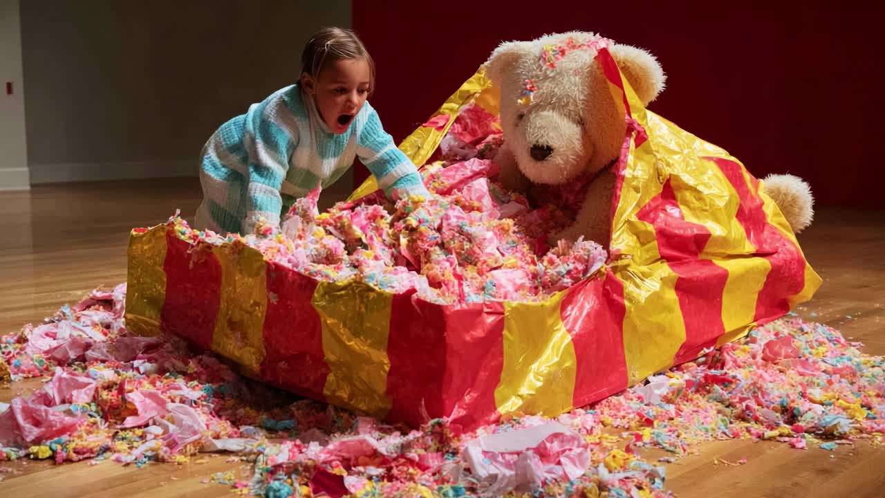 A joyful scene of a child playing with colorful confetti and a giant teddy bear, creating a playful mess in a vibrant room filled with cheerful decorations and excitement