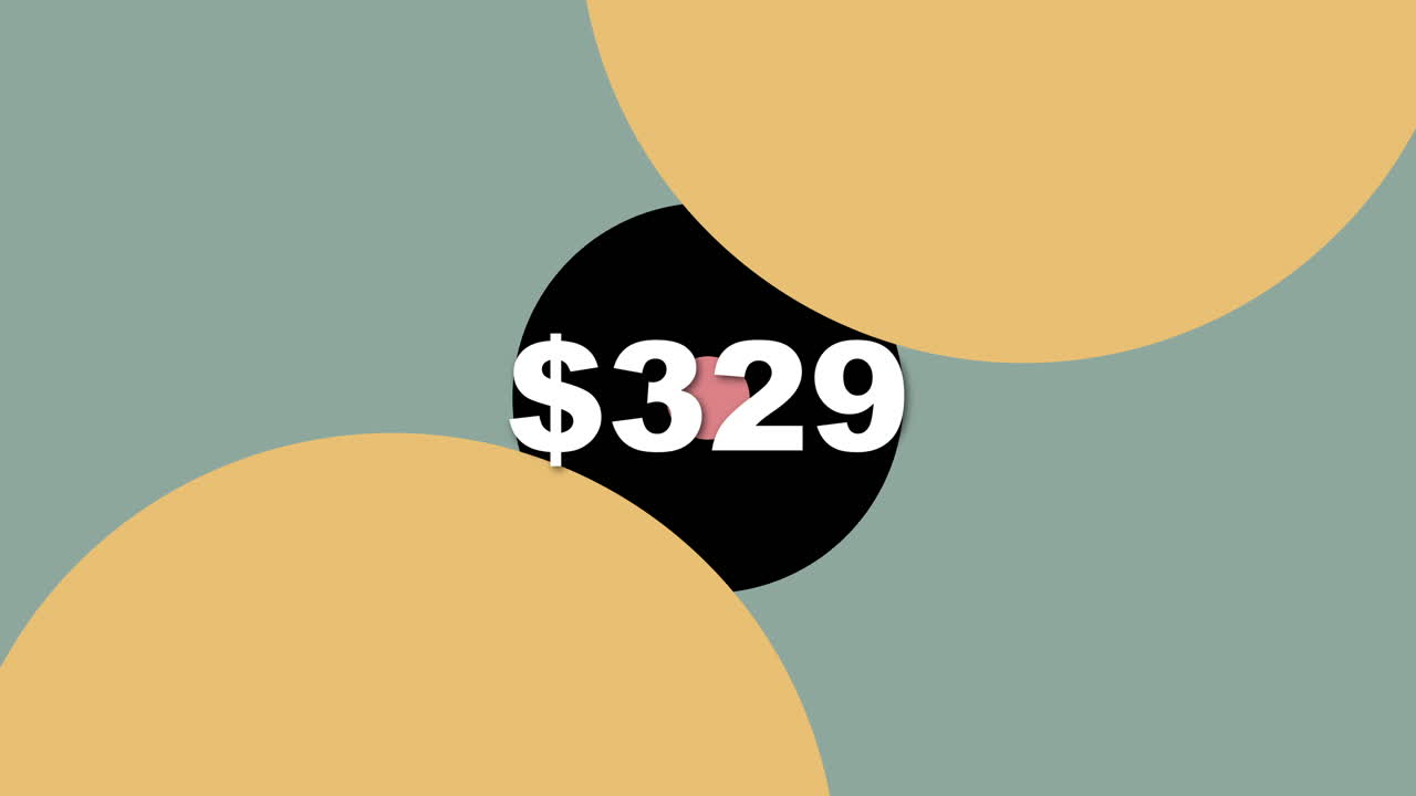 A vivid graphic design features various shapes highlighting the price $329 in a modern art context