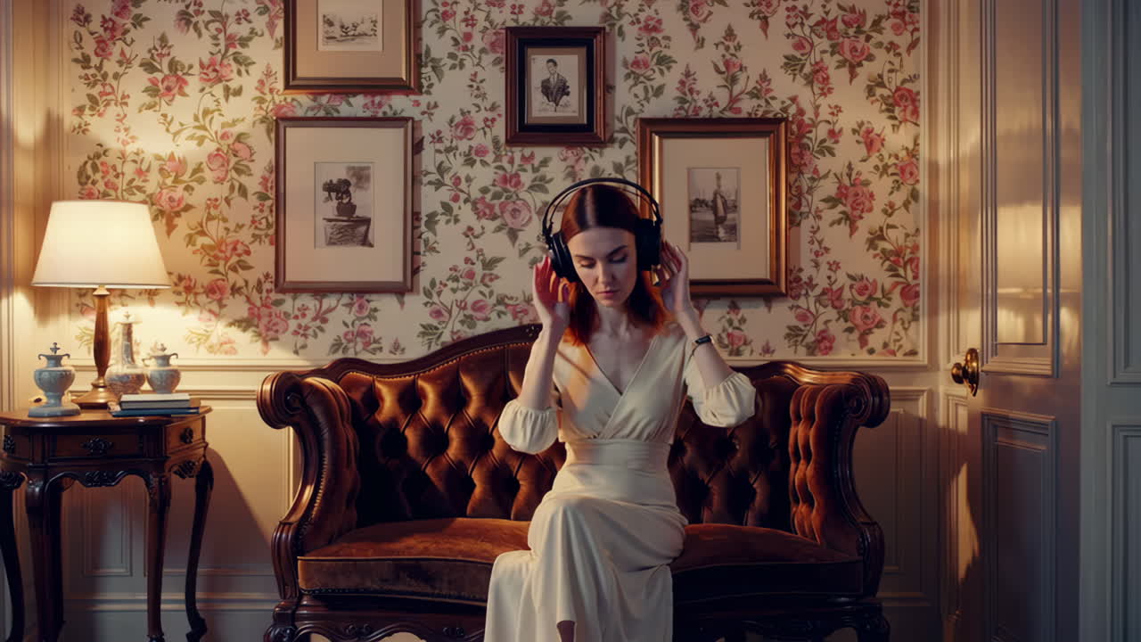 Woman Listening to Music in a Vintage Setting