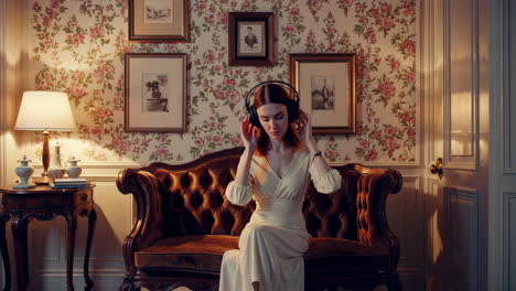 woman listening to music in a vintage setting
